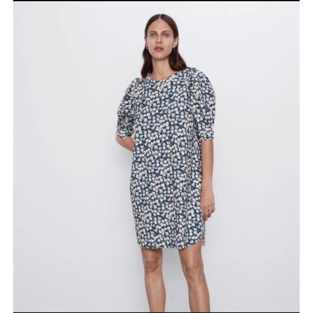 Zara Dress Oversized Sz M Floral Print Knee Length Puff Sleeves Boho Hippie